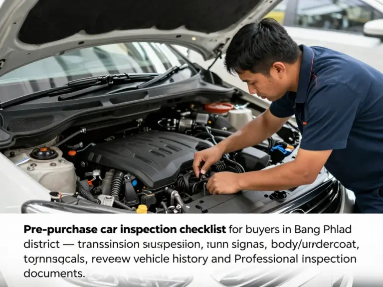 การตรวจสภาพก่อนซื้อสำหรับผู้ซื้อในบางพลัด: เช็ครายการสำคัญ (เครื่อง เกียร์ ช่วงล่าง ไฟเลี้ยว ตัวถัง/รองพื้น) วิธีขอประวัติรถและการตรวจสภาพโดยช่างมืออาชีพ
