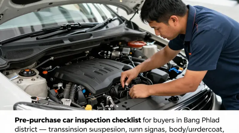 การตรวจสภาพก่อนซื้อสำหรับผู้ซื้อในบางพลัด: เช็ครายการสำคัญ (เครื่อง เกียร์ ช่วงล่าง ไฟเลี้ยว ตัวถัง/รองพื้น) วิธีขอประวัติรถและการตรวจสภาพโดยช่างมืออาชีพ